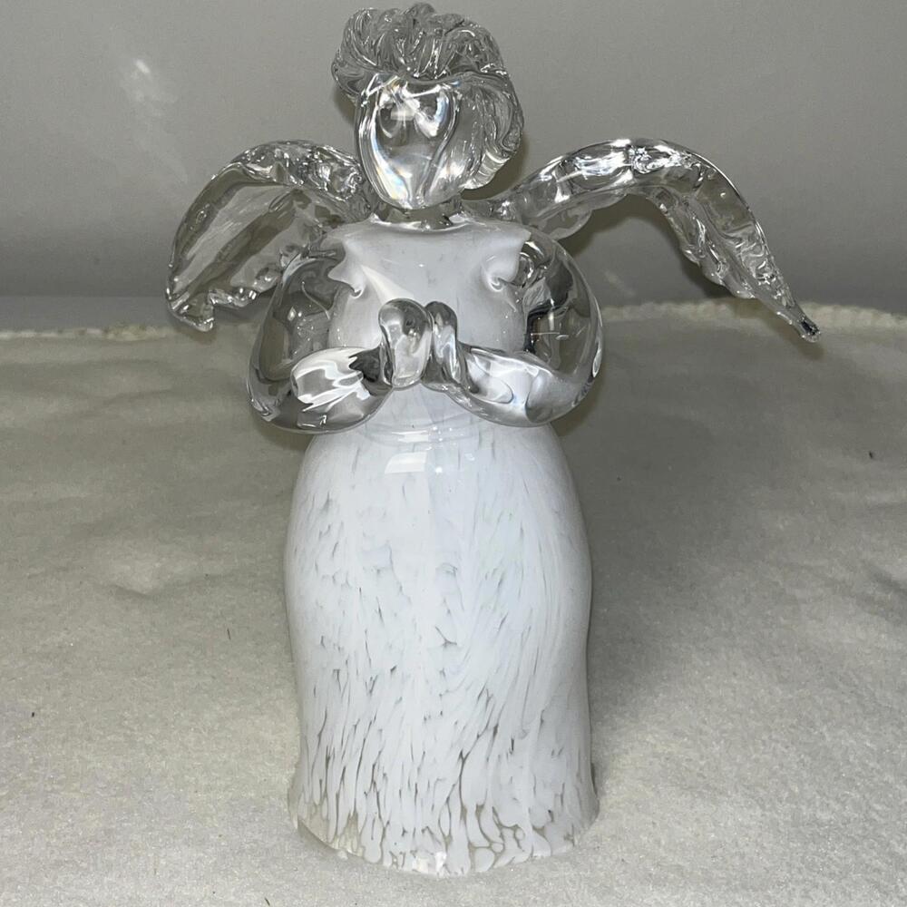 Murano  Style Clear And White Art Glass Angel 10” Tall